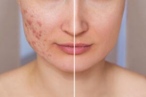 cropped shot young womans face before after acne treatment face