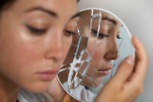 portrait young woman with low self esteem looking hand held mirror