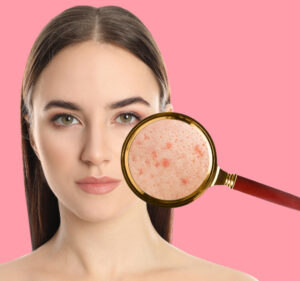 young woman with acne problem pink background skin magnifying glass 1