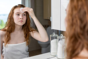 red haired teenage girl wipes her face with lotion after shower looking herself mirror